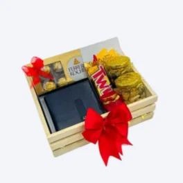 gift hamper of men's products like men's watchs, men wallets with some chocolates and flowers.